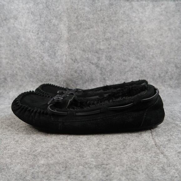 Stars Above Shoes Womens 10 Slipper Moccasin Loafer Slip On Suede Black Faux Fur - Picture 4 of 12